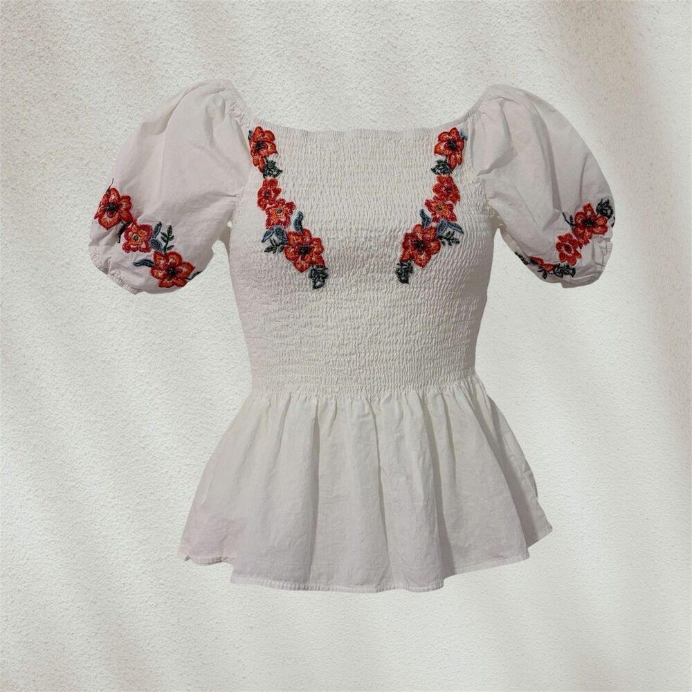 Hippie Nomad XS Smocked Top Embroidered Floral Babydoll Puff Sleeve White Rayon